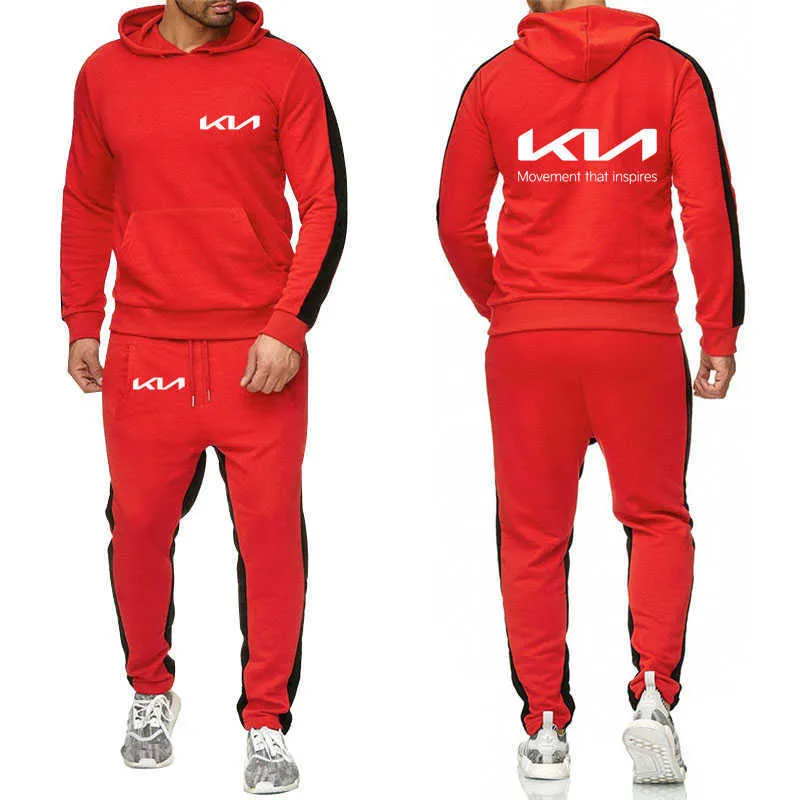 Printemps automne survêtement pour hommes Nouvelle voiture Kia Imprimer Tendance costumes pour hommes Haute Qualité Pur coton Sport pour hommes ensemble 2 pièces X0909