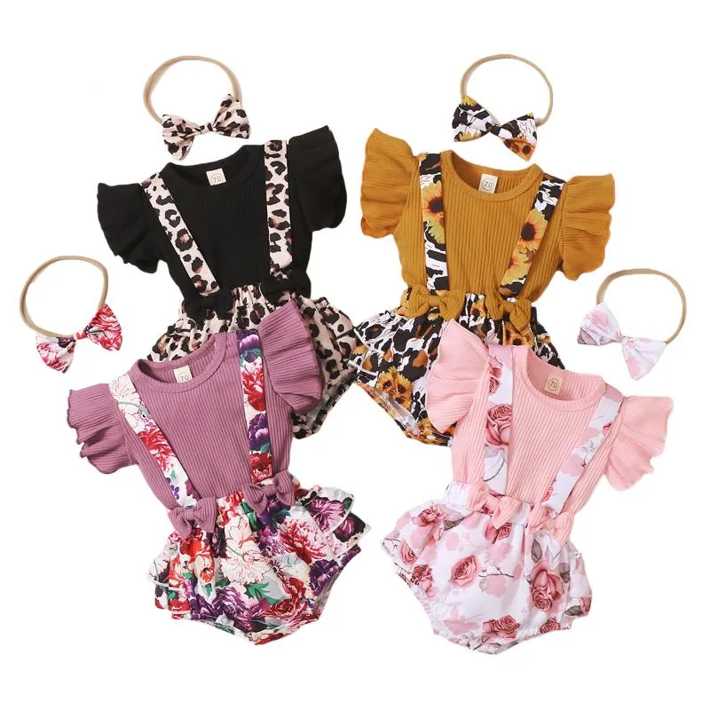 Clothing Sets Baby Girl Outfits 0-18M 3pcs Infant Girls Clothes Ruffles Sleeve Solid T Shirts Flowers Overalls Shorts Headband