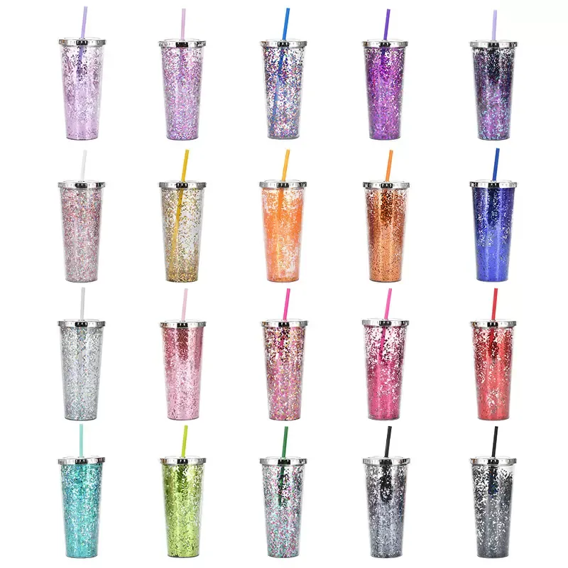 20 färger! 24oz plast glitter tumbler med lock och halm dubbel vägg isolerad tumbler spiepa kopp resa koppar vatten kopp återanvändbar kopp med halm cg001