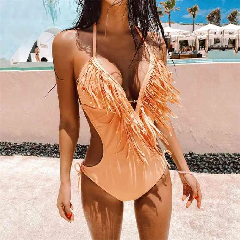 Deep Plunge V Neck Fringe Cut Out Swimsuit Trikini Women Sexy Halter Backless Tassel Swimwear Bath Suit Monokini 210625