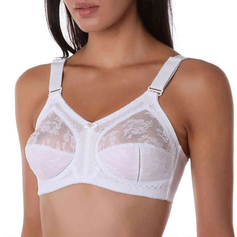 White Women Unlined Lace Bra Full Coverage Ultra Thin Wireless Adjusted-straps Big Minimizer Bras Plus Size B C D DD E Cup 211217