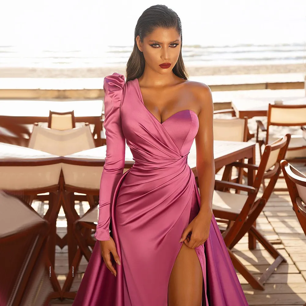 pink dress one sleeve Elegant One Shoulder Long Sleeve Prom Dress With Slit