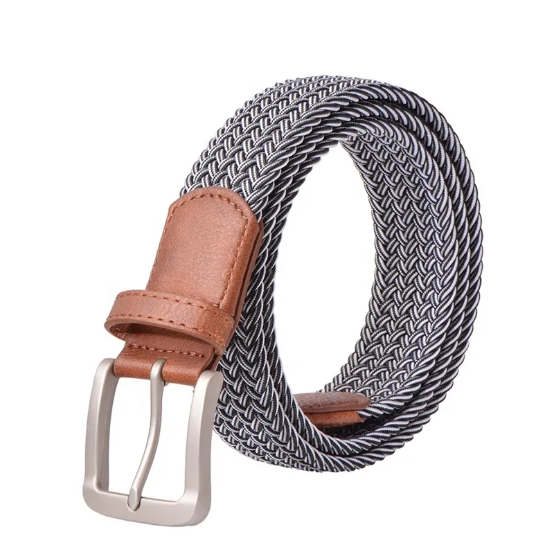 Muti color men's casual braided knitted elastic stretch belt with alloy pin buckleGCXI