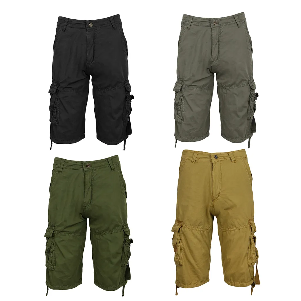 Men`s Casual Cotton Multi Pockets Elastic Waistband Shorts Loose Fit Knee-Length Cargo Shorts