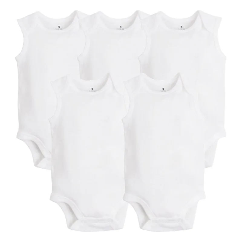 5 PCS / LOT 신생아 아기 의류 여름 민소매 아기 소년 소녀 옷 100 % 면화 화이트 키즈 베이비 Bodysuits Jumpsuits 210315