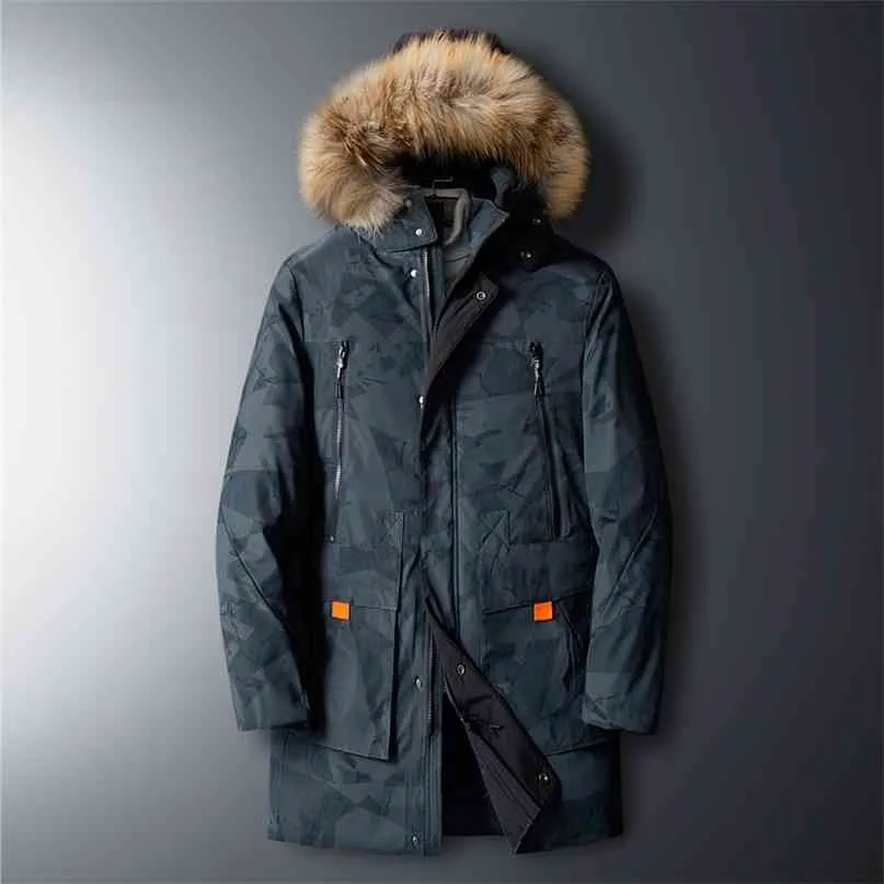 Winter Down Jacket Män Solid Casual Long Parkas Mens Fur Hooded Coats Märke Kläder Tjock Varm Mäns Windbreaker 4XL 210910