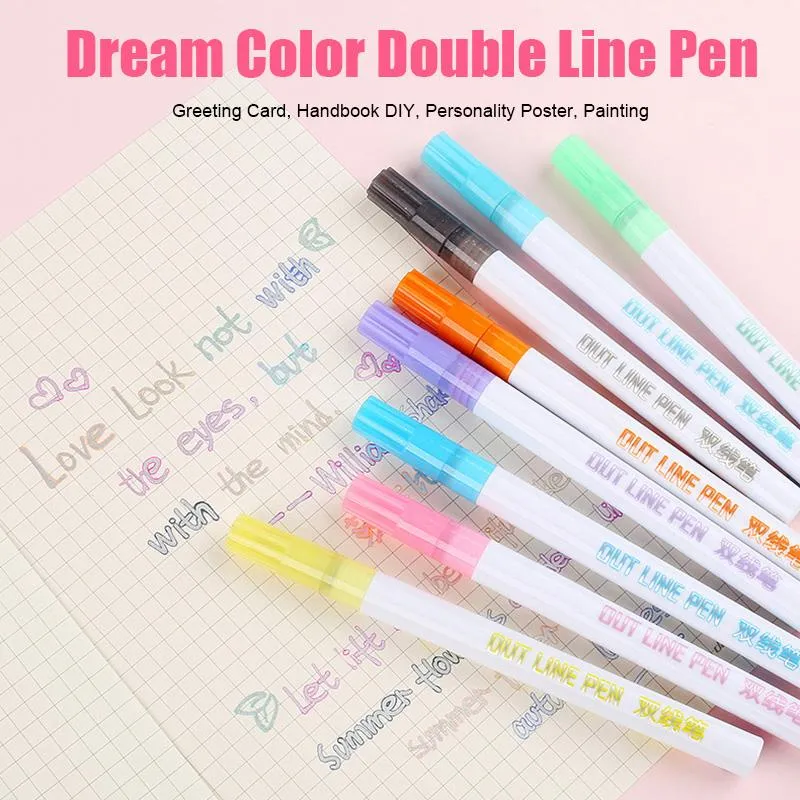 Surligneurs 8 couleurs/ensemble carte-cadeau écriture stylos à dessin Double ligne contour stylo papeterie VDX99