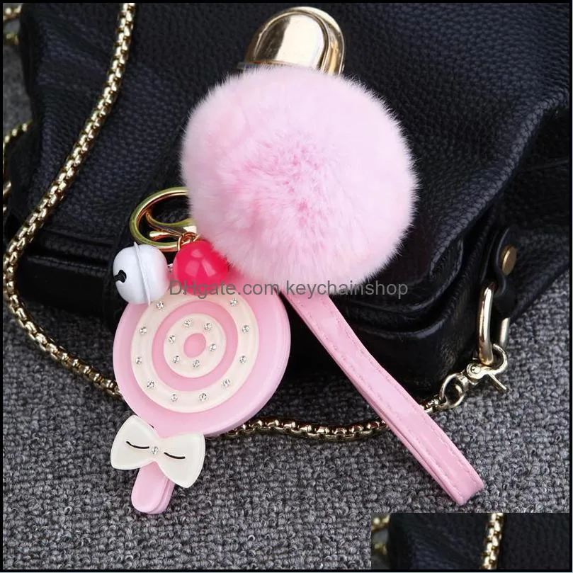 Cute plush ball ice cream key ring flower mirror keychain female bag pendant girl personality pendant charm jewelry key chain