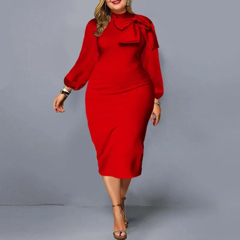 Robes grande taille femmes robe automne élégant nœud soirée fête d'anniversaire rouge à manches longues Midi mariage bal