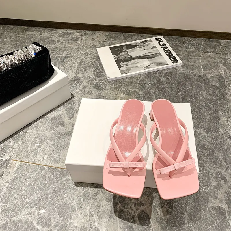 Women Fashion Luxurys Designer Slippers Platform Trainers Sandals Foam Slides Heel 4.5CM Leather Summer Beach Slipper Bow Tie Flip Flops Pink