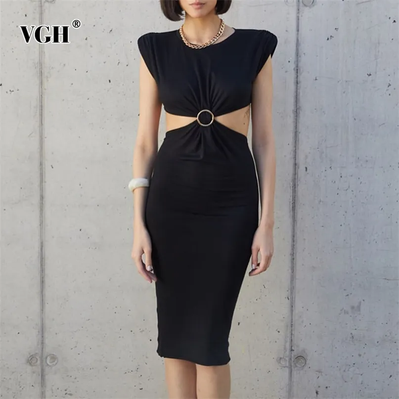 Black Hollow Out Sexy Dress For Women O Neck Sleeveless High Waist Knee Length Elegant Dresses Female Fashion Style 210531