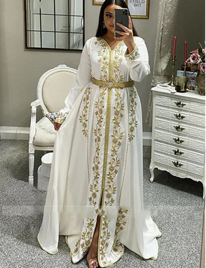 White Morocco Kaftan Evening Dresses Long Sleeves With Gold Lace Embroidery Beads A Line Satin Dubai Arabic Musim Formal Occasion Gowns Robe De Soir e