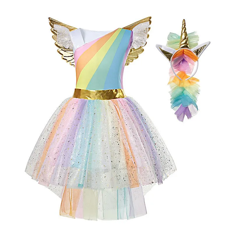 Muababy Girl Unicorn Dress Up Kids Summer Rainbow Sequin Party Tutu Dress Girls Pageant Tulle Kostym med vinge Headband 210317