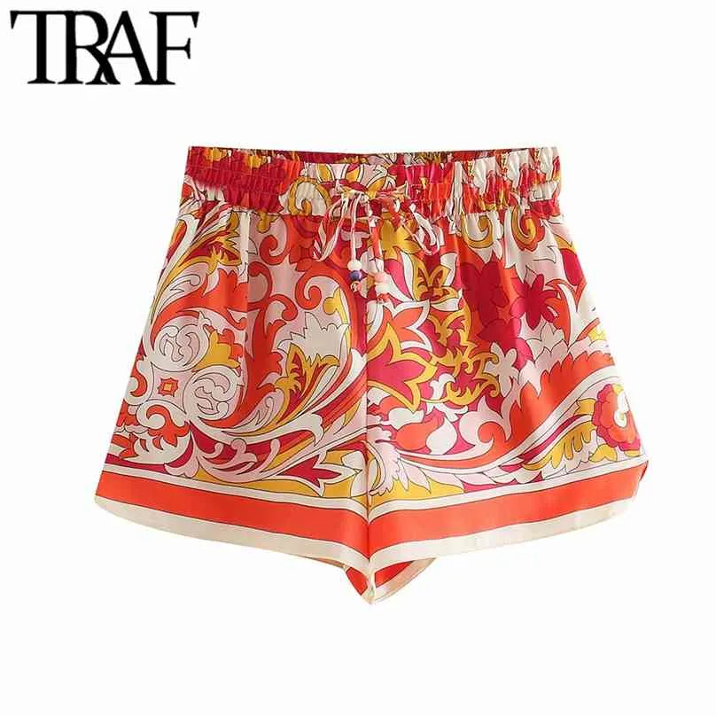 TRAF Women Chic Fashion Totem Print Side Vents Shorts Vintage High Elastic Waist Drawstring Female Short Pants Mujer 210719