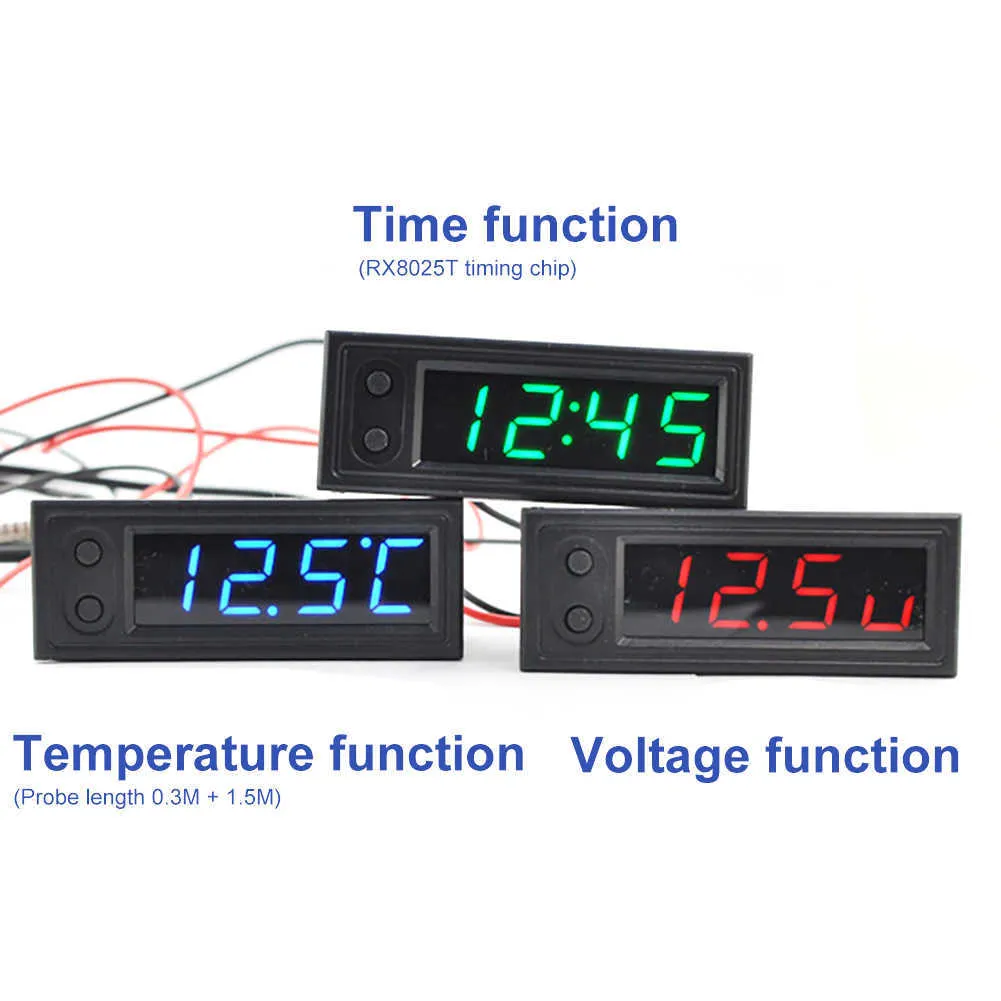 Nieuwe DIY Multifunctionele Hoge Precisie Klok binnen en buiten Auto Temperatuur Batterij Voltage Monitor Panel Meter DC 12V Dropshi