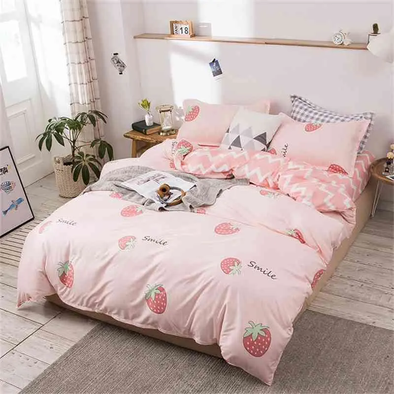 Effen kleur fruit aardbei gedrukt bed cover set dekbedovertrek volwassen kind laken kussensloop dekbed beddengoed set 61077 210706