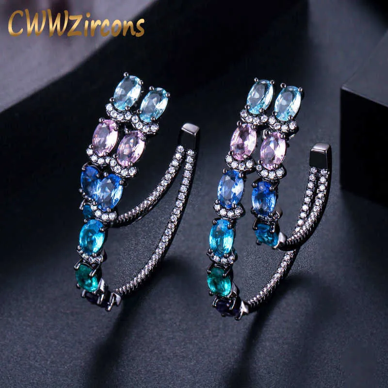 Designer Jewelry 2 Layer Circle Black Gold Color Multi Blue CZ Crystal Big Round Hoop Earrings for Women CZ560 210714