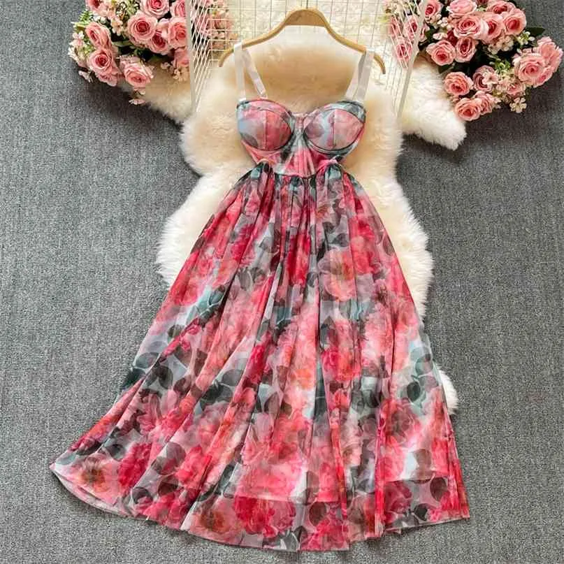Letnia sukienka damska kwiatowy drukuj spaghetti pasek wyściełany Vintage Party Midi Eleganckie damskie Seksowne wakacje 210603