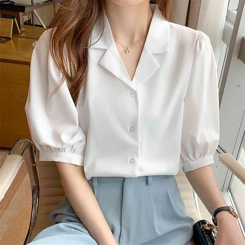 Chic OL Formal Satin Tops Notched Collar Short Sleeve Single Breasted Shirts Women Loose Casual Summer White Blouse 210601