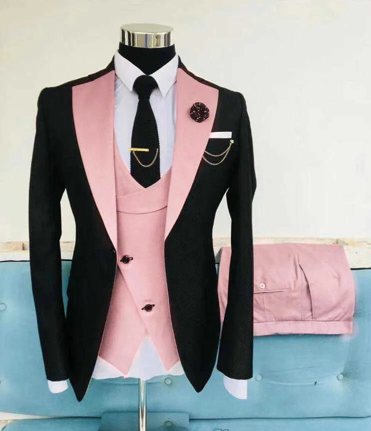 최신 코트 바지 디자인 블랙 핑크 조끼 망상 웨딩 신랑 턱시도 슬림 맞는 Terno Masculino Prom 파티 3 조각 X0608