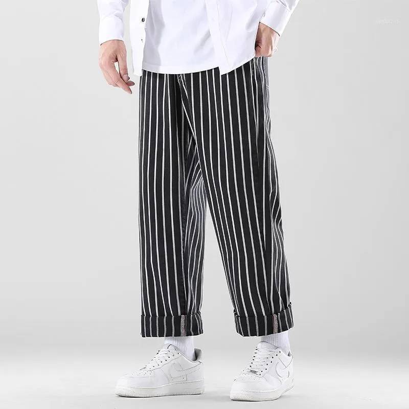 Mäns Jeans Jacquard Stripe Baggy Straight Leg Pants Oversized Vintage Men Baggie Denim för