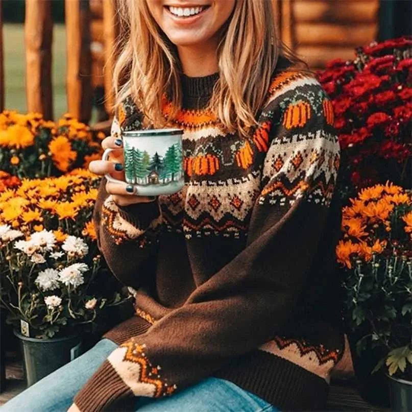 Boho Pumpkin Knitted Pullover Christmas Ladies Ethnic Warm Sweaters Female Loose Autumn Winter Fashion 211011