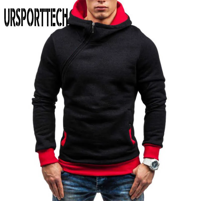 Casual Solid Mens Hoodies Diagonal Zipper Manga Longa Hoodie Capuz Homens Pulôver Bordado Homem Com Capuz Suor Home Streetwear 210528