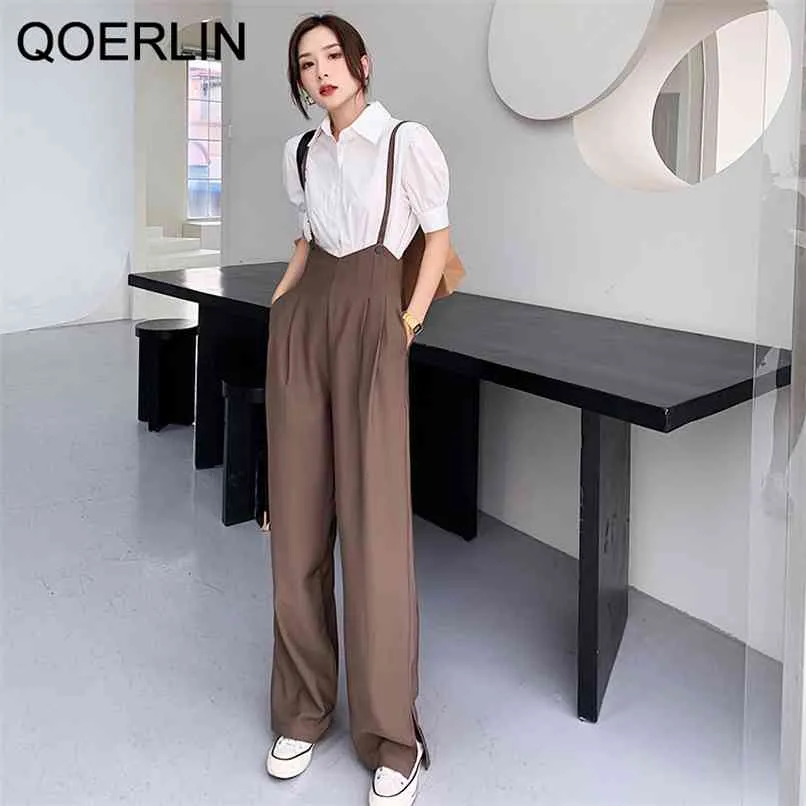 Split Wide Leg Overalls Women High Waist Casual Brown Jumpsuit Drape Pant Spaghetti Strap Long Trouser Plus Size Rompers 210601