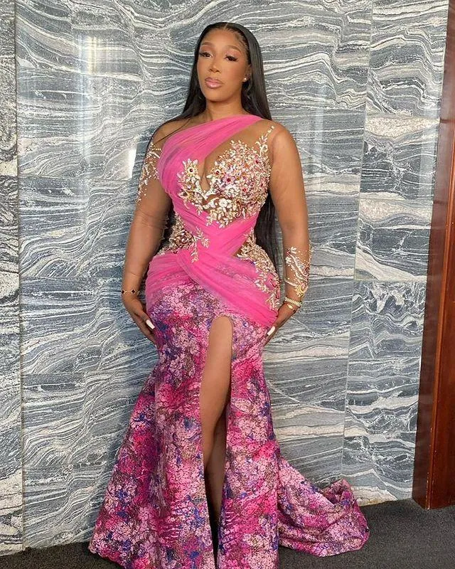 ASO EBI Luxury Mermaid Formella aftonklänningar Glitter paljetter Floral Print Long Split Side African Prom Dress Illusion Bodice Special Tillfällen Klänningar Pageant 2023