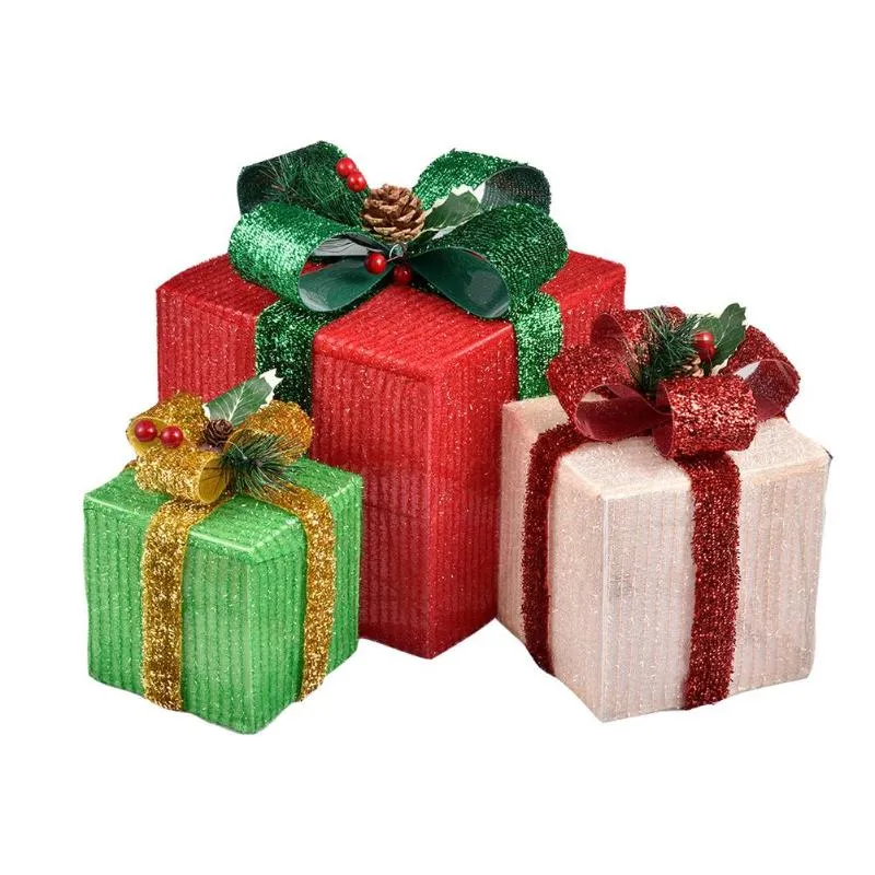 Christmas Decorations 3PCS Lighting Gift Boxes With Bows Indoor Box Home Xmas Gifts Cristmas Ornaments Year 2022