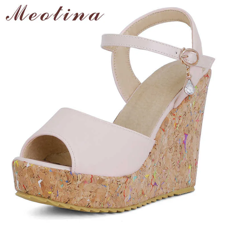 Meotina Women Sandals Shoes Wedges Super High Heel Sandals Buckle Peep Toe Ladies Footwear Summer Pink Black Big Size 43 210608