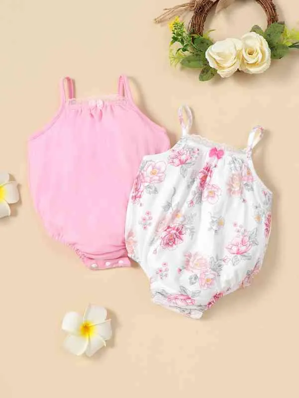 Baby 2pcs Floral Print Lace Trim Bow Front Cami Body SHE