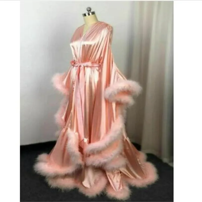 Элегантные длинные рукава Nightgown с поясом Мягкий шелковый сатин перо свадебный халат женщин пользовательские изготовленные формальные вечеринки ночная рубашка
