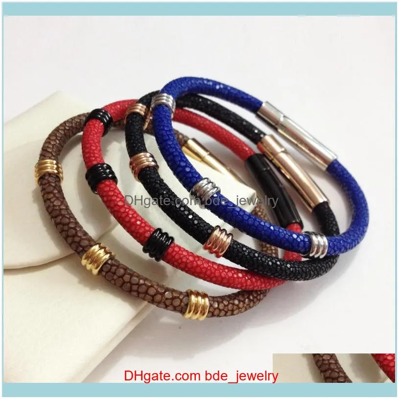 Charm Bracelets Men 5MM Genuine Blue Stingray Leather Rose Gold Round Stainless Steel Circle Bracelet Bangle