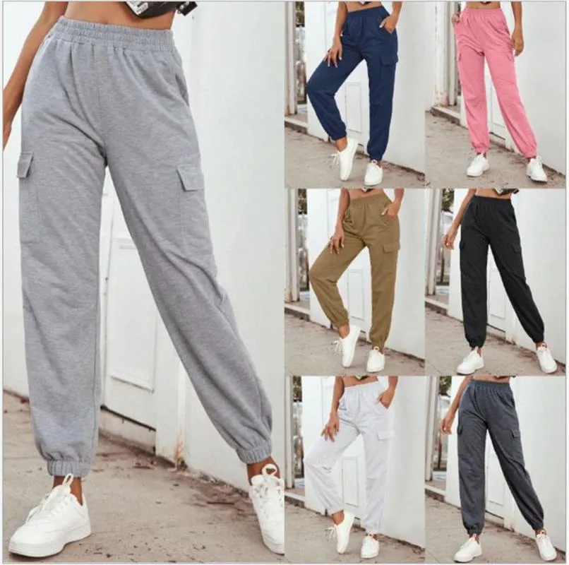 여성용 바지 Capris Womens 캐주얼 여성 단단한 하이 허리 사이드 포켓 ​​연필 스포츠 스타일 여성 바지