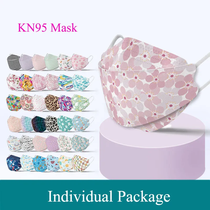 KN95成人保護印刷マスク3D三次元使い捨て5層保護魚の口マスク卸売
