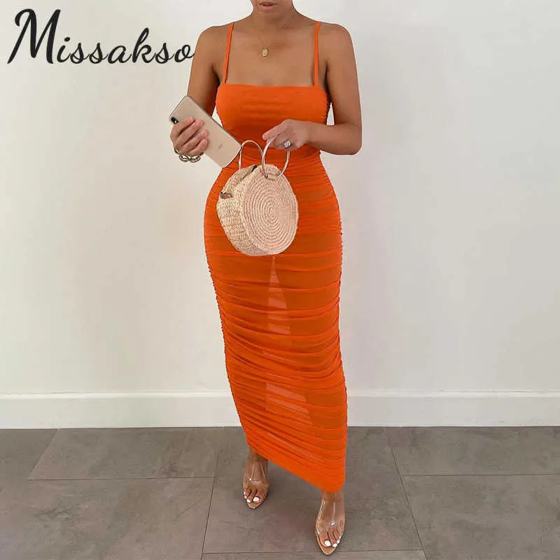Missakso Mesh See Through Ruched Dress Party Summer Black Khaki Women Sexy Bodycon Backless Spaghetti Strap Maxi Dresses 210625