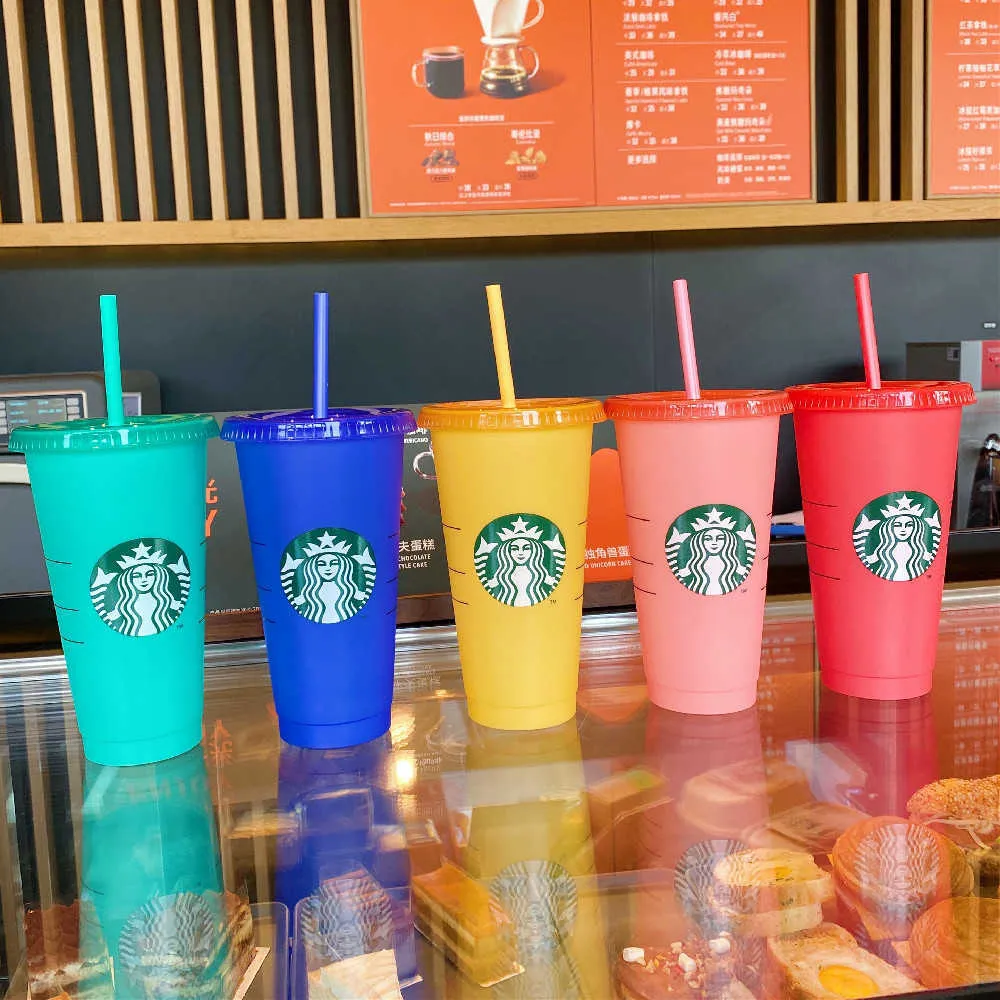 Starbucks Color Changing Cups Colour Reusable Cup Tumbler with Lid Cold Cups Plastic Cup Summer Collection Starbucks