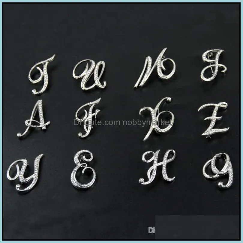 Fashion 26 English Letter Brooch Pins Sparkling Crystal Silver Plated Alphabet Brooch