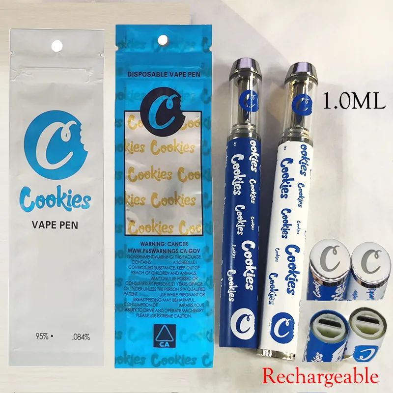 Cookies Wegwerp Vape Pen E-Sigaretten 1.0ml Ceramic Coil Cartridge Oplaadbare 400mAh Batterij Verpakking Zakken Starterkits Lege Glas Tanks Verstuiver Vaporizer