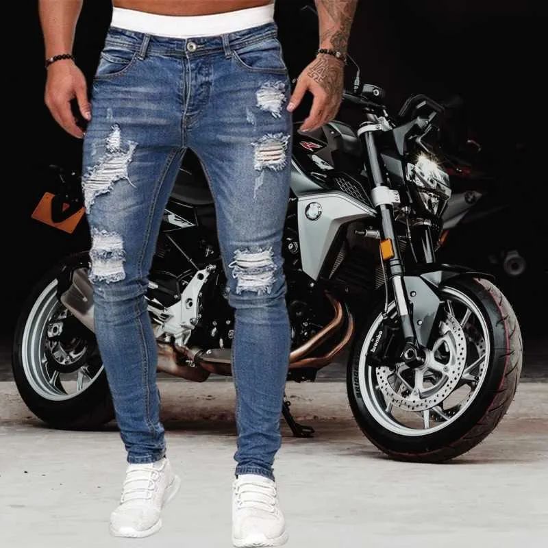 Jeans män rippade skinny jeans blå penna byxor motorcykel parti casual byxor gata kläder denim man klädsel 210622