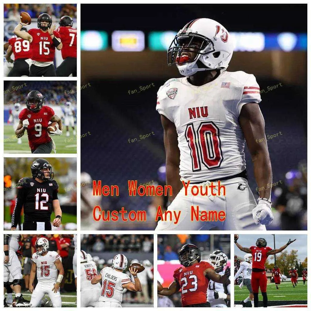 Maillot de football universitaire personnalisé Northern Illinois Huskies NIU 56 Miles Baggett 57 Rayshawn Gay 6 CJ Brown 70 Marques Cox Femmes Jeunes cousus