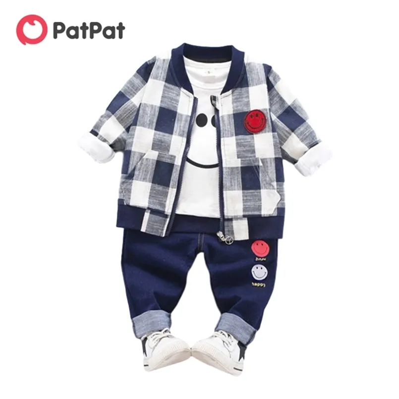 Vår och höst baby toddler pojkar kläder 3-bit leende ansikte tee plaid coat pants sätter 210528