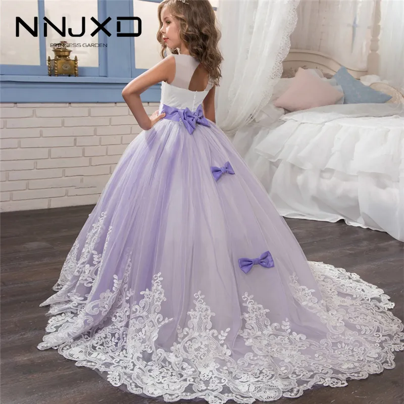 Elegante vestido de princesa para niñas boda púrpura tul encaje largo vestido de niña fiesta desfile damas de honor vestido Formal para niñas adolescentes 210317