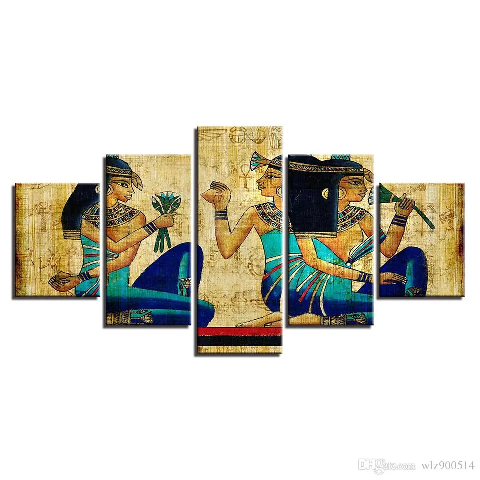 Wall Art Canvas Pictures Home Decor HD Imprime Abstrato Pôsteres 5 Peças Vintage Antigo Egito Pharaohs Girls Pintura