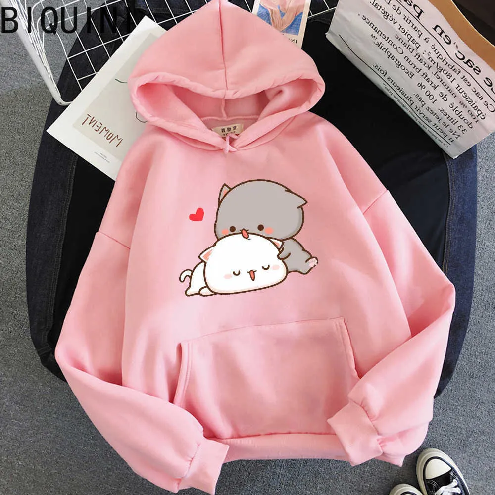 Peach Cat Kawaii Mignon Plus Taille Sweats à capuche Chaud Harajuku Sweat-shirt surdimensionné Femmes Dessin animé Hiver Imprimer Pulls Lâche Streetwear Y0820