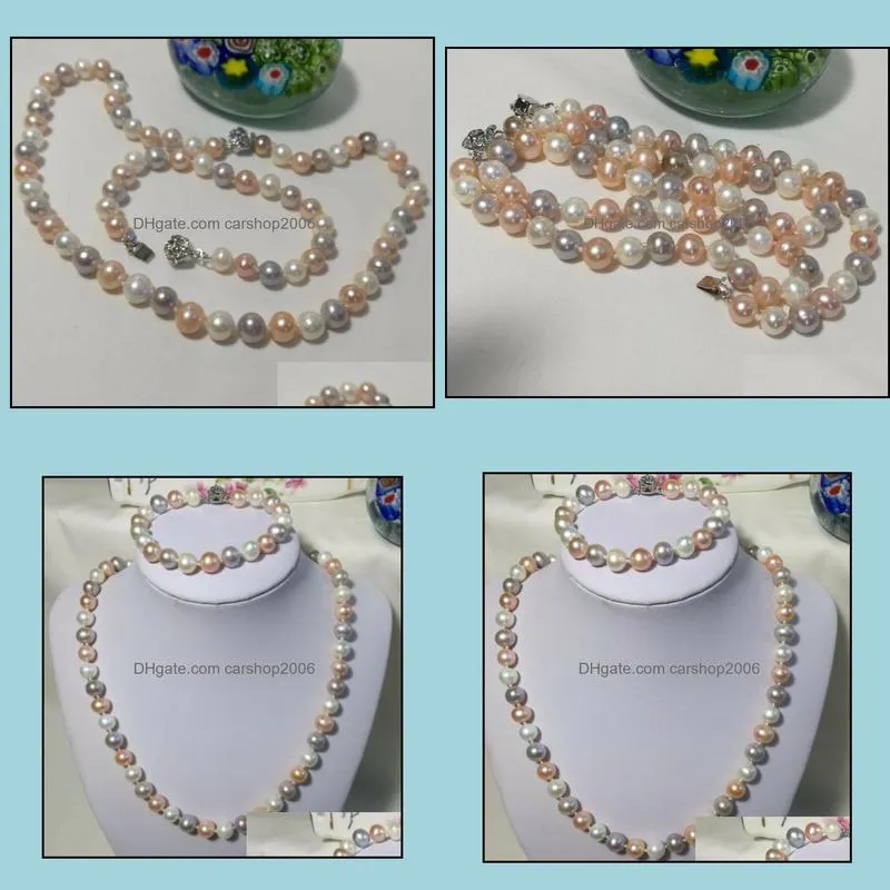 8-9mm Mixed Colors Natural Pearl Beaded Necklace+ Bracelet 925 Silver Clasp Women`s Gift Jewelry