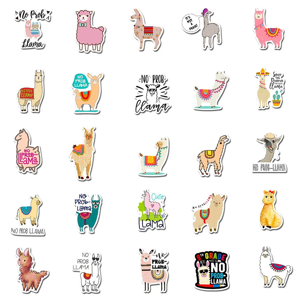 50Pcs-Pack Llama Animal Cute Vinyl Sticker Waterproof Stickers for Water Bottle Laptop Car Planner Scrapbooking Phone Macbook Cup Wardrobe Wall Door Tablet Decal