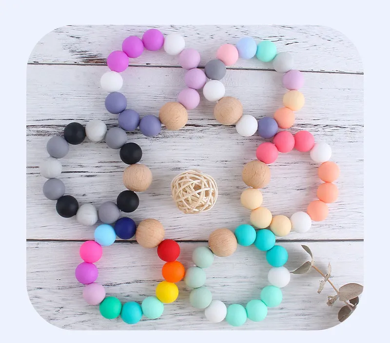 Baby Teethers DIY Rainbow Silicone Teething Bracelete Newborn Wood Ring Teethers Enfermagem Masturando Chew Beads Toytles Toys 6 Designs BT6457