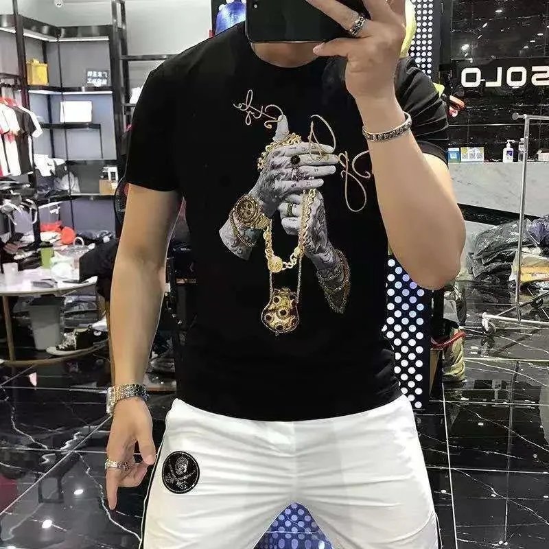 Erkek T-Shirt Shinning Lüks 2022 Yeni Sıcak Moda Adam Streetwear Rahat Kısa Kollu Tee Baskı Merserize Pamuk Yüksek Kalite Erkek Üst Siyah Beyaz M-4XL